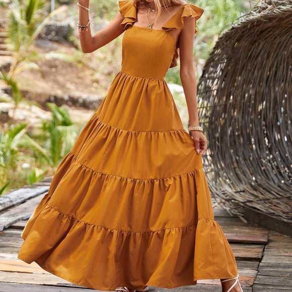 Mustard Yellow Casual Womens Ruffle Trim Layered Hem Dress - Picture 3 of 5